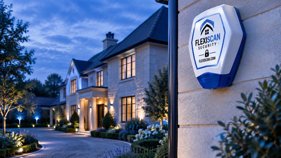 Sounder with a white cover and a blue lens on a stone house at dusk