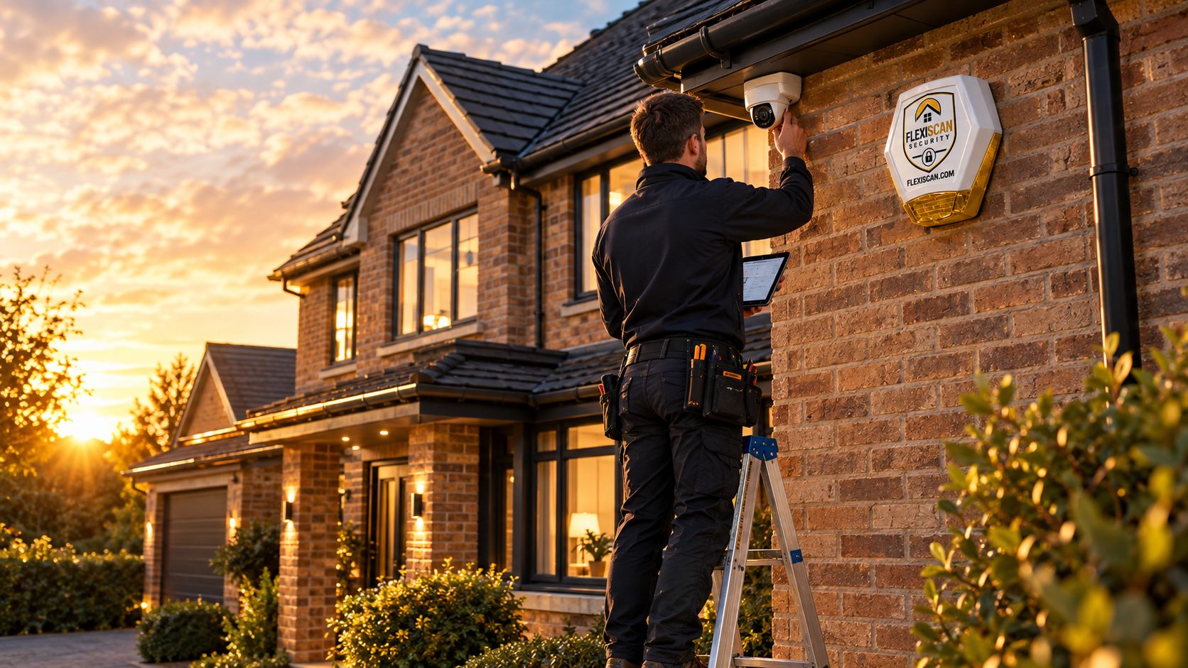 An engineer on a stepladder fitting a camera under the eaves of a brick house at sunset, a FlexiScan sounder already mounted alongside