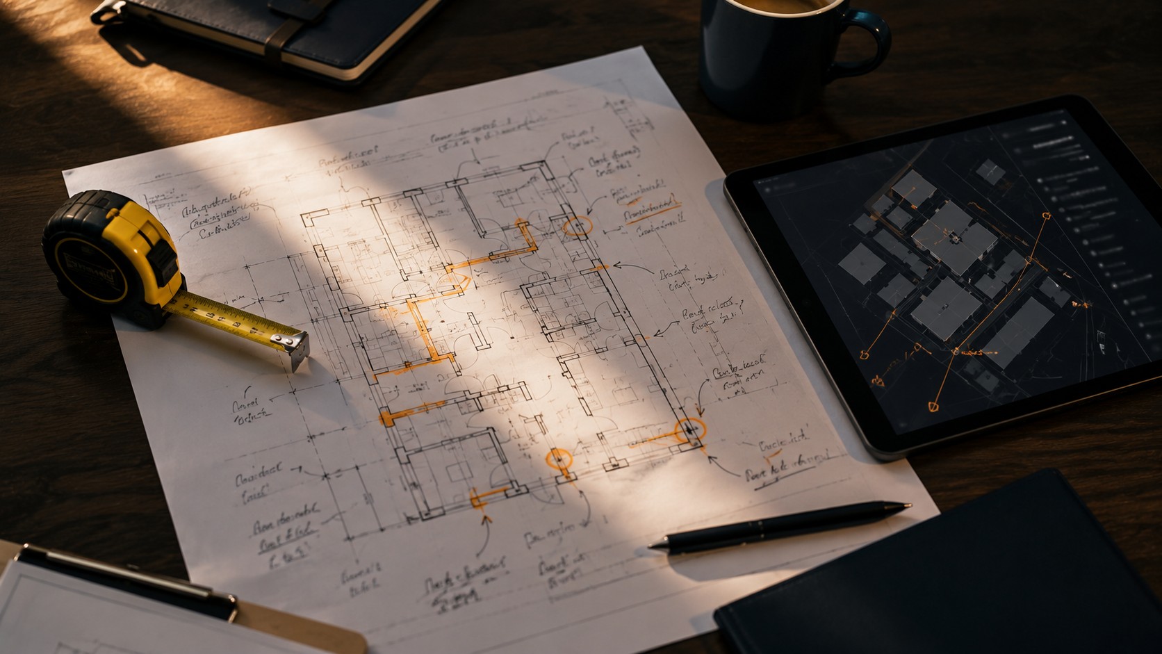 A house plan annotated by hand during a security survey