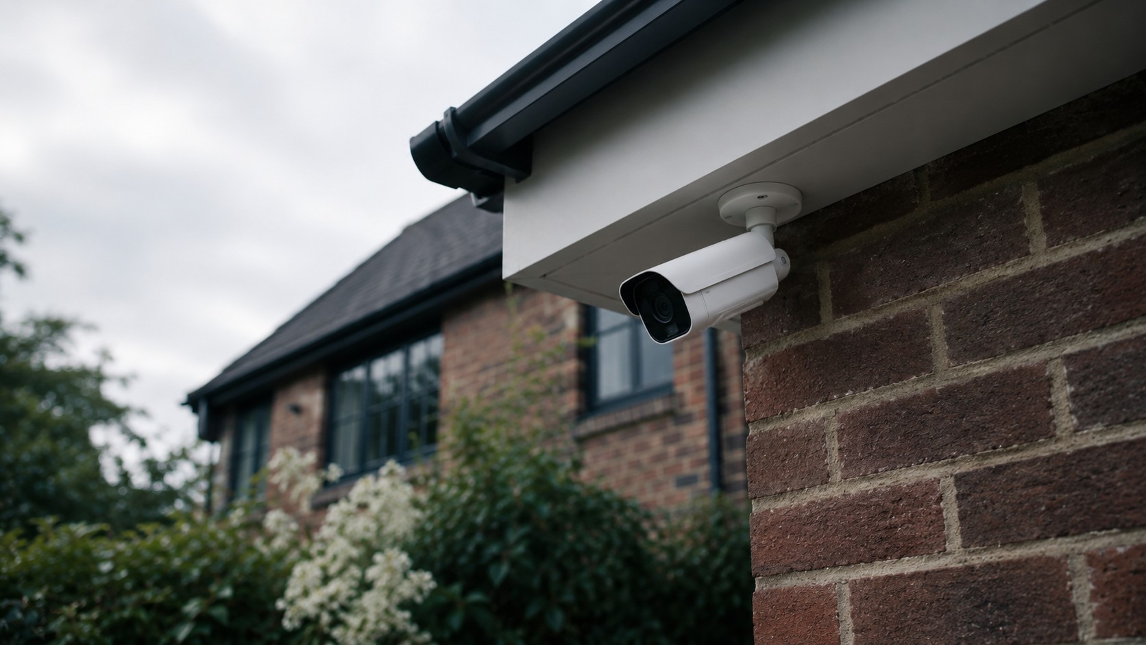 A discreet CCTV camera fitted under the eaves of a private house