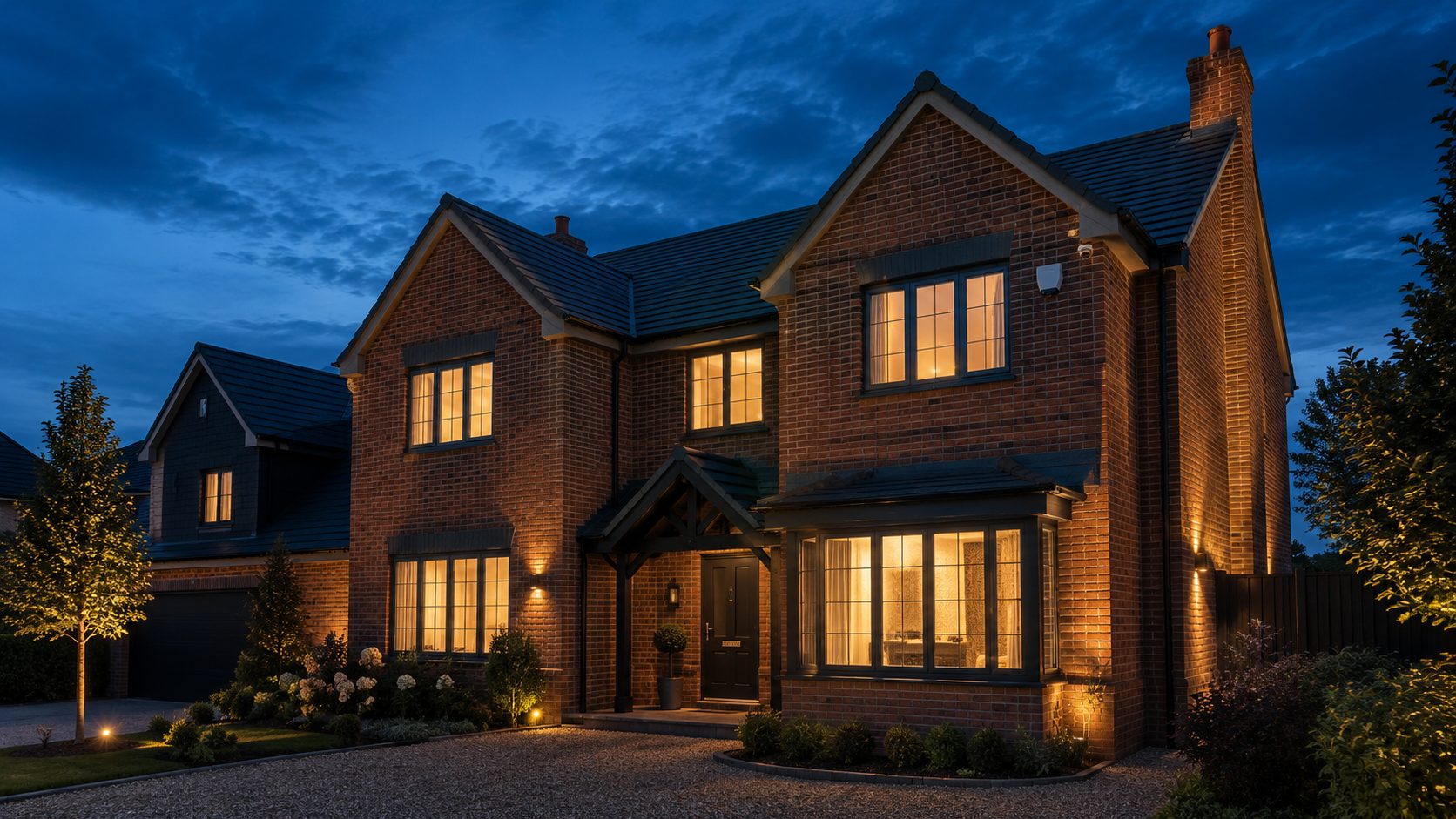 A brick family home at dusk with warm light in its windows