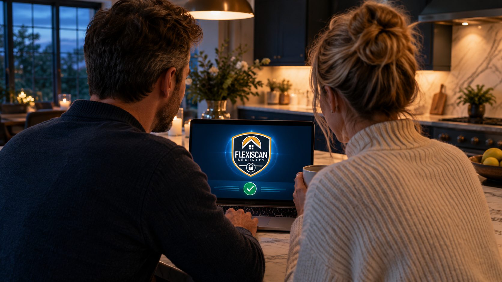 Two people at a kitchen island in the evening, seen from behind, with a laptop showing their system all clear