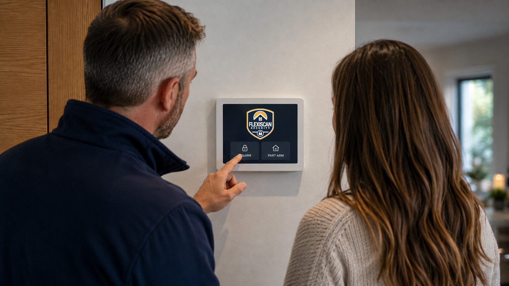 An engineer and a homeowner at an alarm keypad in a hallway, both seen from behind