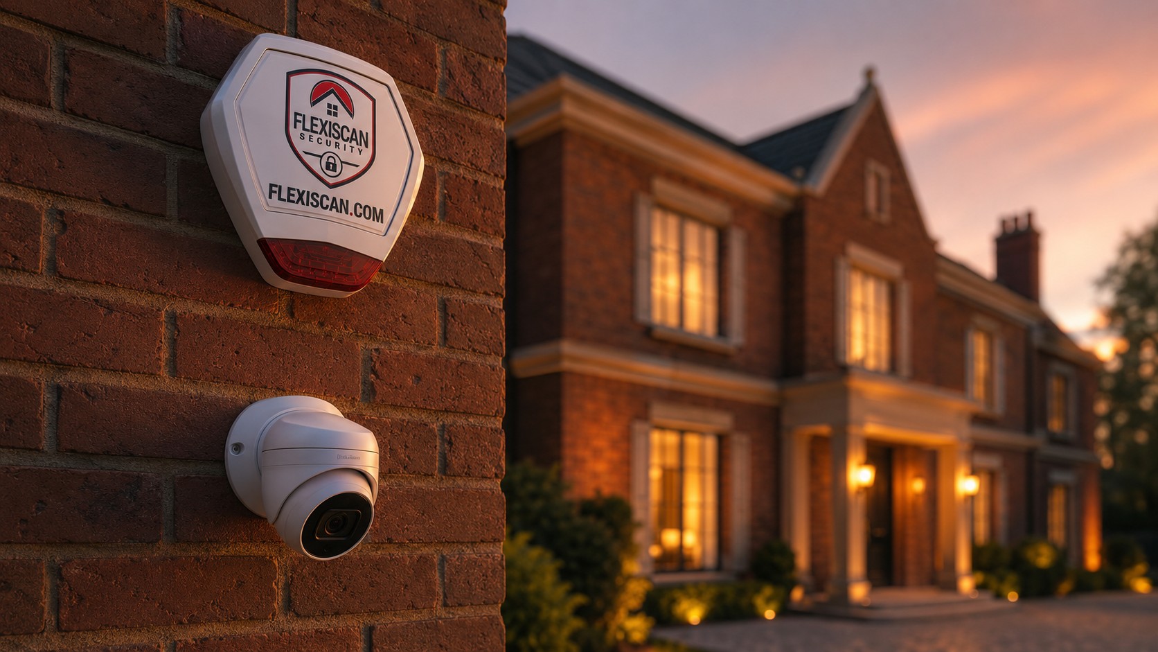 A detached UK family home at dusk with discreet alarm and camera equipment